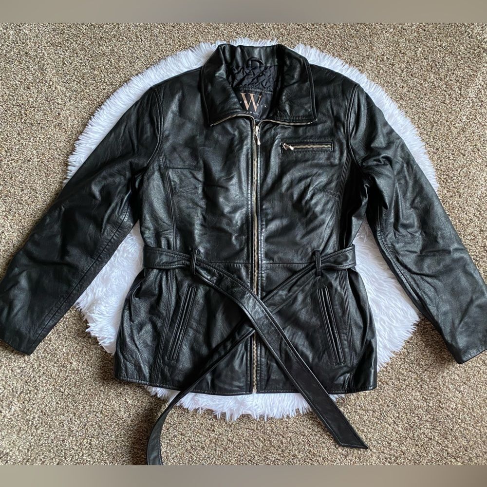 Winlit Leather Jacket Coat Zip & Tie Front Belt Black Womens Size Petite Large‎